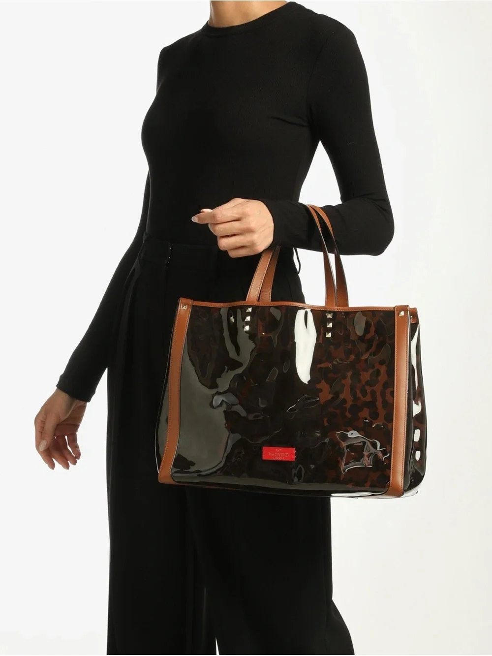 Valentino Tortoiseshell Tote Bag with Brown Trim & Red Pouch